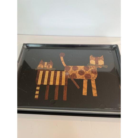 NEW Vtg 1960s COUROC Two Cat MCM Wood Brass Inlay Handcrafted Serving Tray JL - Picture 3 of 11